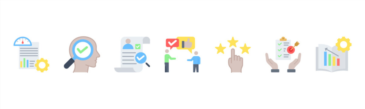 Performance Appraisal Management icon set includes KPI Setting, Self Evaluation, Peer Review, Manager Feedback, Rating, Goal Review, and Development Plan for effective performance assessment.