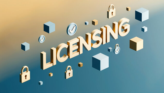 Security licensing graphic with LICENSING text, lock icons and cubes for authorization policy, access control, software compliance and digital rights review.