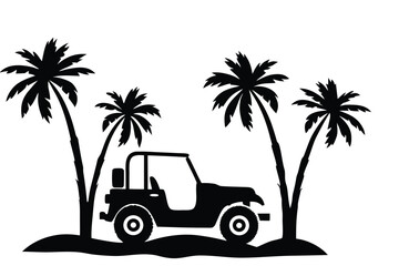 Obraz premium Tropical island getaway, black silhouette jeep, palm trees landscape, vector illustration