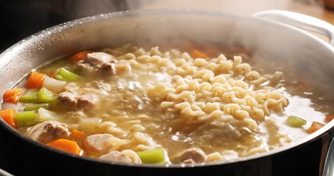 Steaming pot of chicken noodle soup.