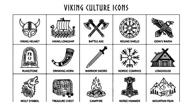 Viking culture icons, Nordic symbols, ancient Scandinavian graphics, black and white illustrations
