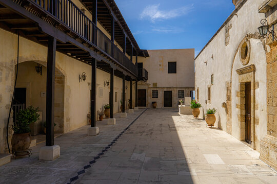Courtyard of Monastery of Our Lady of Gonia on the southeast coast of the Rodopos peninsula in Crete.