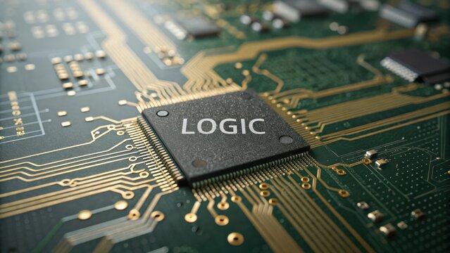 Detailed Close-Up of a Computer Circuit Board Featuring a Central Processing Unit and Intricate Wiring for Technology Illustrations