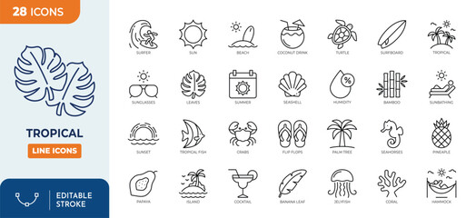 Obraz na płótnie Canvas Tropical icon set. Contain icons related to tropical, island, Beach, coconut, palm tree, summer, fish, cocktail, vacation, and more. Editable stroke. Vector illustration