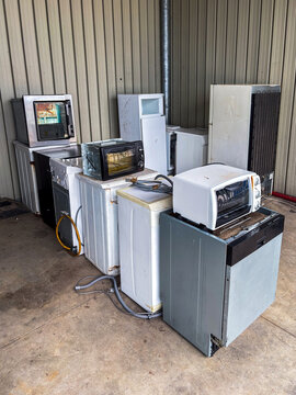 collection of RAEE, waste from various electrical and electronic equipment, stacked for disposal.