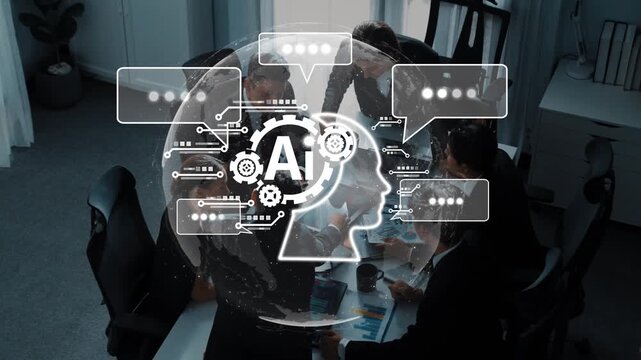 Visual representation of artificial intelligence in collaborative workspaces, highlighting the interaction between technology and team communication for innovative ideas. Raster