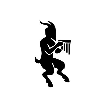 Silhouette of a mythical satyr playing panpipes, ancient Greek mythology symbol