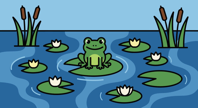 Green Frog Sitting on Lily Pad.
