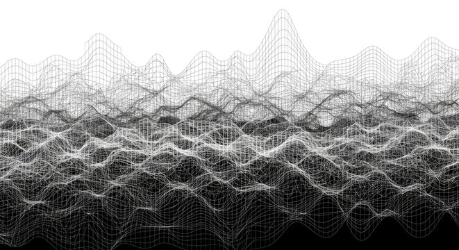 Abstract monochrome 3D wireframe terrain landscape on white background
