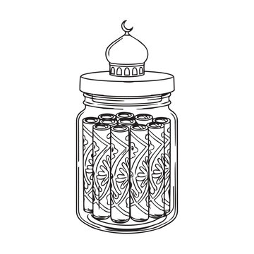 A line art jar of roll snacks represents traditional Indonesian festive items like semprong or crispy egg rolls. The mosque dome lid design makes it highly suitable for Ramadan and Eid al-Fitr concept