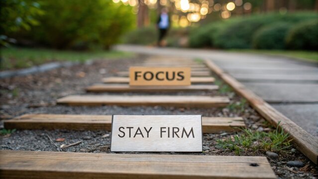 Inspirational wooden signs on a path in a peaceful garden, urging focus and determination in a serene outdoor setting.