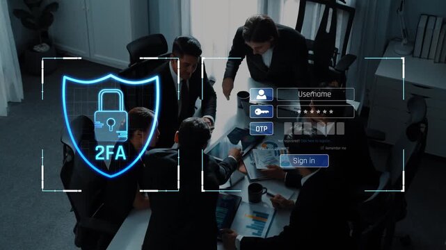 A dynamic team collaborates in a modern office, focusing on digital security with two-factor authentication. The image showcases cybersecurity in action, emphasizing safe online practices. Raster