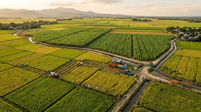 Aerial view of Philippine agricultural landscape featuring rice paddies, sugarcane plantations, irrigation canals, rural farming communities, harvest season, and mountain scenery.