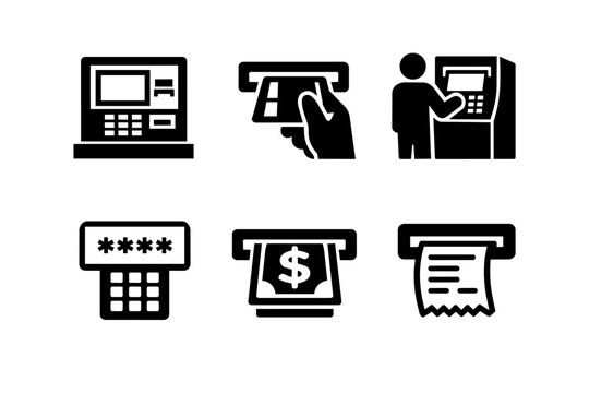 Atm banking transaction process icons set, withdrawing cash, using credit card, entering pin, getting receipt