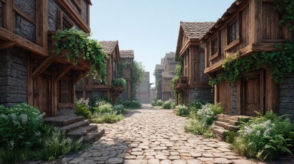 Fototapeta premium Charming cobblestone street lined with ancient timber-framed houses and lush greenery