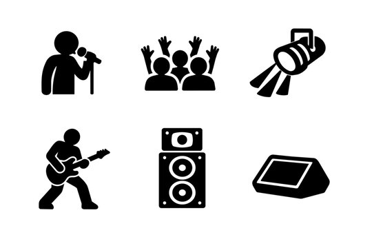 Music concert and performance icons depicting singer, guitarist, audience, speaker, spotlight, and stage monitor