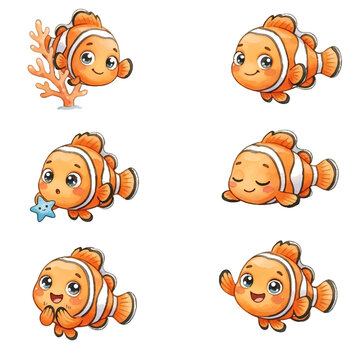 Set of funny nemo cartoon animal face icons collection for children and fun designs