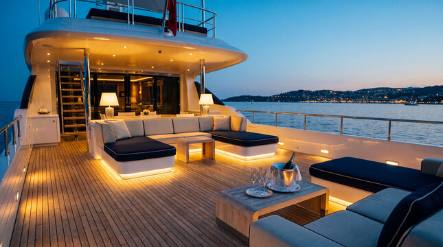 Elegant aft deck of a luxury yacht at blue hour