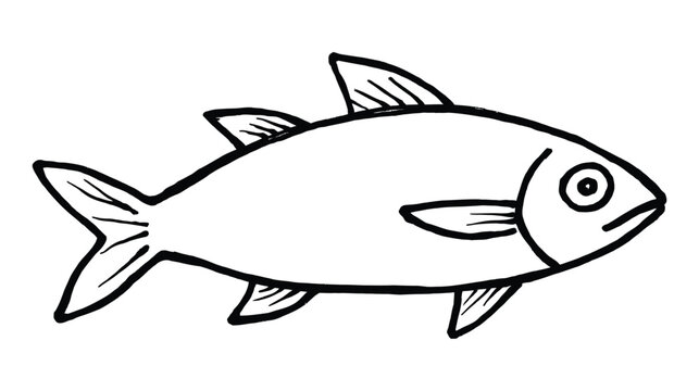 Fish icon illustration in black and white with simple lines and fins
