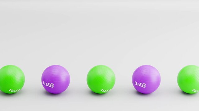 Seamless 3D Animation of Fitness Balls Rolling on Gray Background Loop 