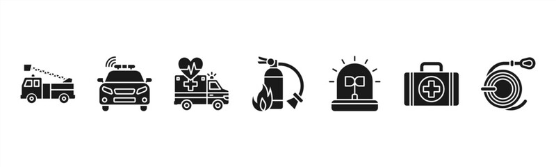 Emergency services icons featuring Fire Truck, Police Car, Ambulance, Fire Extinguisher, Siren, First Aid Kit, Rescue Rope. © Dewi Sari