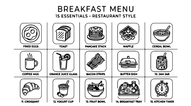 Breakfast menu icons, restaurant style, 15 essentials, food and drink symbols