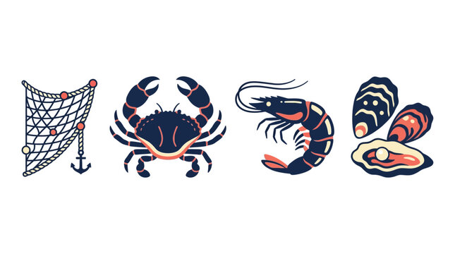 Seafood icons with crab shrimp mussels.