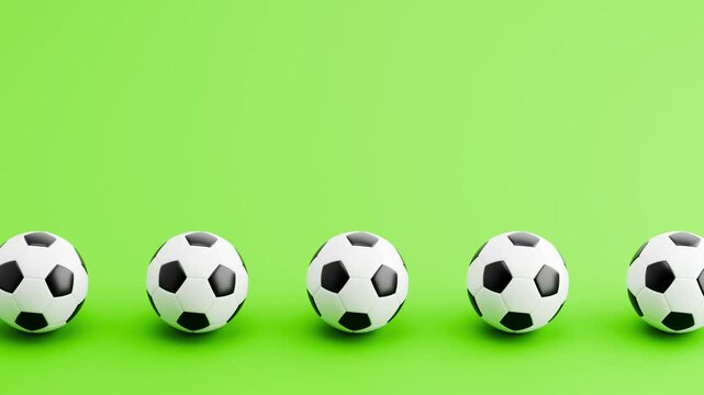 Seamless 3D Animation of Soccer Balls Rolling on Green Background Loop 