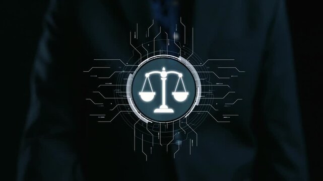 Futuristic digital law interface displaying justice scale, highlighting digital law, AI compliance, digital law systems, and digital law regulations for secure governance. Elide