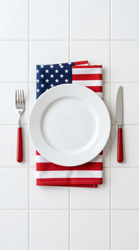 Patriotic Independence Day place setting with American flag table decor, white dinnerware and festive holiday styling on clean background for USA celebrations and summer gatherings