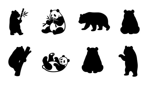 Panda Bear Silhouettes, Cute Animal Poses Vector Set, Black and White Graphic Elements