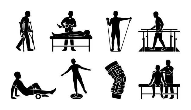 Physical Therapy Icons Set, Rehabilitation Exercises, Medical Treatment, Recovery, Healthcare Vector Graphics