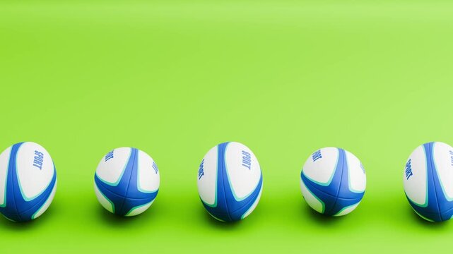 Seamless 3D Animation of Rugby Balls Rolling on Green Background Loop 