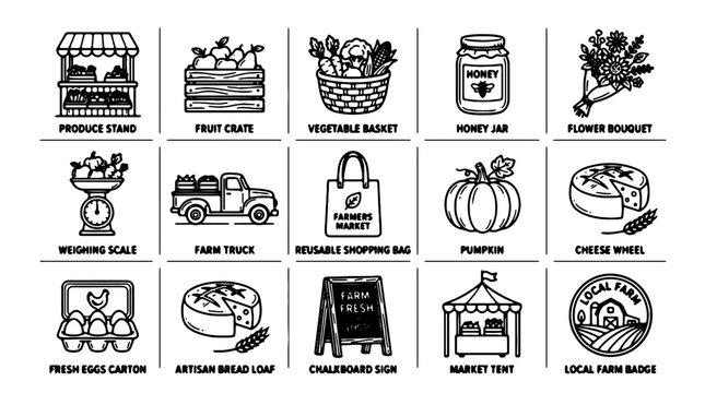 Farmers market icons, black and white, 20 illustration set, food shopping vector graphics