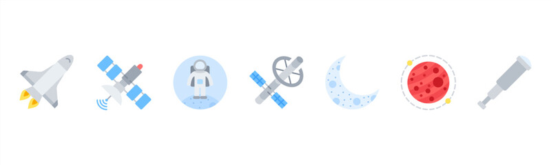 Space exploration icons featuring Space Shuttle, Satellite, Astronaut, Space Station, Moon, Mars, Telescope. © Dewi Sari