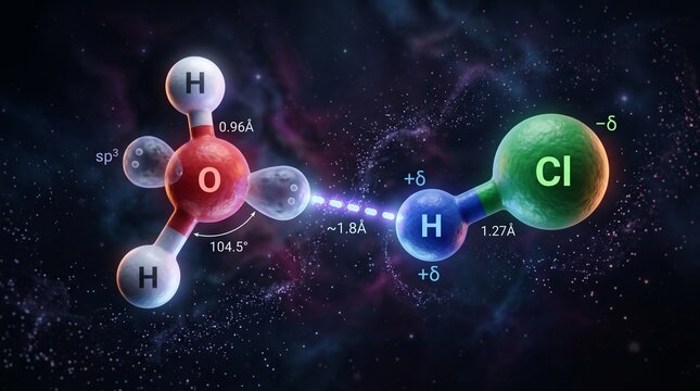 Hydrogen chloride molecule bonding with water molecule in space