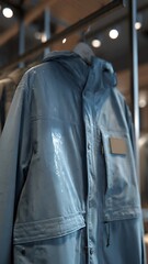 Fototapeta premium Blue denim jacket hanging on rustic wooden hanger indoors.