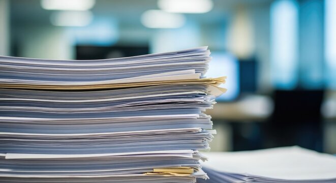 Large stack of disorganized office paperwork and documents