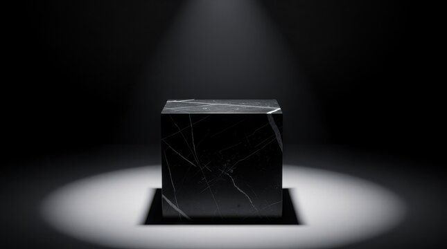 A black marble cube with white veins is spotlighted in a dark surrounding, emphasizing its smooth texture and geometric shape.