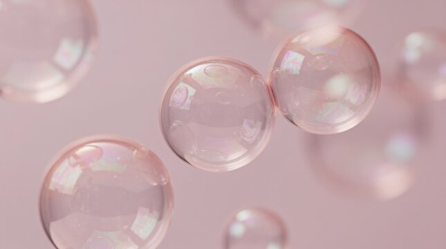 Transparent soap bubbles floating gently against a soft pink background, reflecting light and creating a delicate, airy atmosphere.
