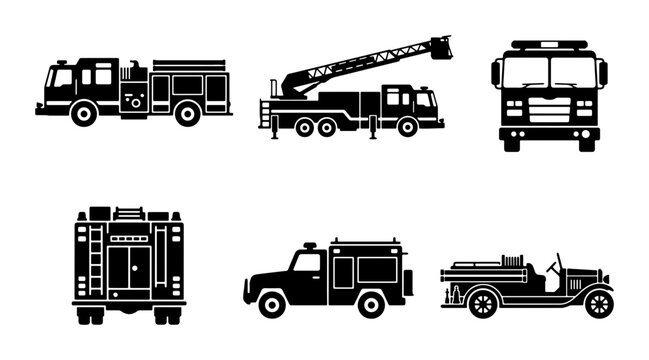 Fire Truck Vector Icons Set: Emergency Vehicles, Rescue Trucks, Firefighting Equipment, Transportation