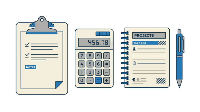 Calculator and office stationery set.