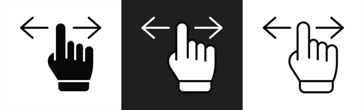 Icon set of hands with fingers swiping or sliding left and right for applications and websites. Vector illustration