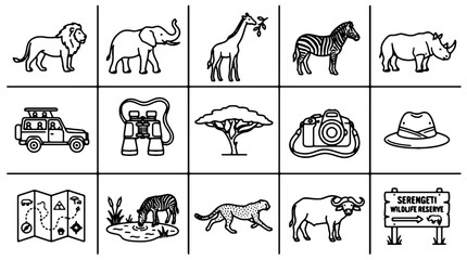Wildlife icons, safari animals, black and white illustrations, vector graphics © khadija