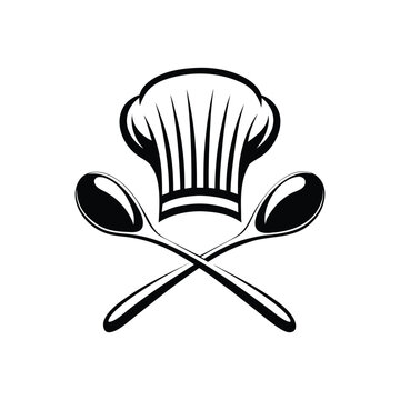 Culinary icon, chef hat, crossed spoons, kitchen symbol, cooking logo