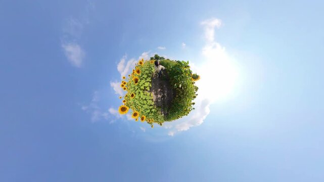Young woman joyfully dances in a sunflower field presented as a tiny planet effect