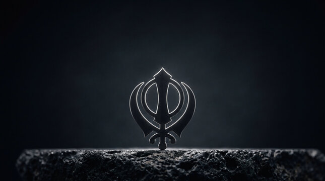 Metallic Sikh Khanda symbol on rustic stone for Guru Nanak Gurpurab festival background