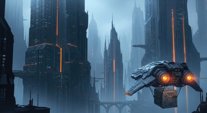 Futuristic cityscape with flying robot in a sci fi metropolis