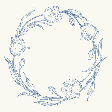 Vintage tulip flower wreath frame, hand drawn engraving botanical border illustration for wedding invitation, greeting card and packaging design