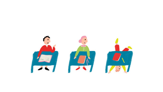 Playful schoolchildren at desks showing different classroom behavior in childlike style illustration. Concept of school routine, student behavior, classroom diversity, and active learning.